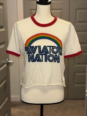 Aviator Nation White Tee with Rainbow Graphic and Red Trim